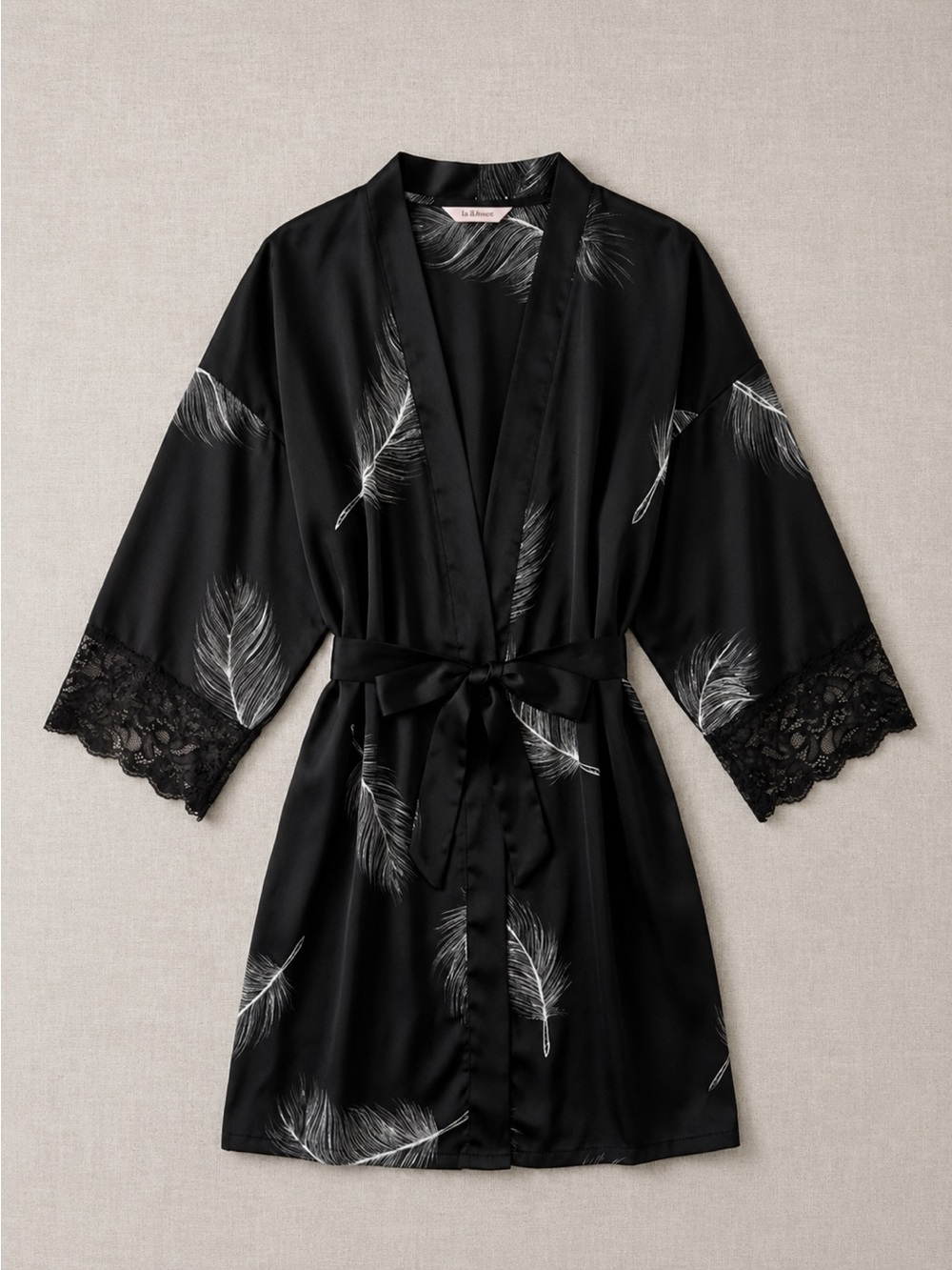 🌼2/30$ La Vie En Rose Black Feather-Print Satin Wrap Robe Kimono with Lace Trim